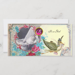 STORK BABY SHOWER MONOGRAM ,ruby,cream Announcement