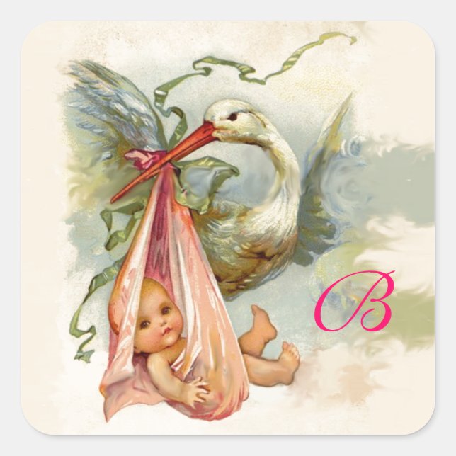 STORK BABY SHOWER  MONOGRAM , SQUARE STICKER (Front)
