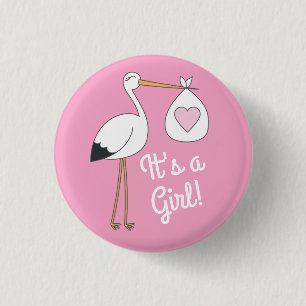 Stork Baby Shower Pink Girl Cute Cartoon Button