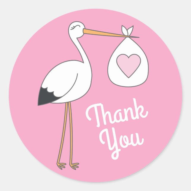 Stork Baby Shower Pink Girl Cute Cartoon Classic Round Sticker (Front)