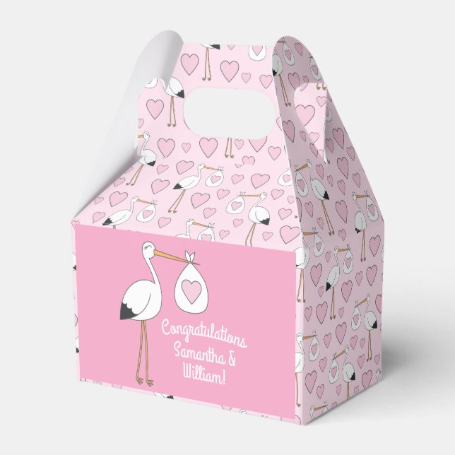 Stork Baby Shower Pink Girl Cute Cartoon Favor Boxes (Front Side)