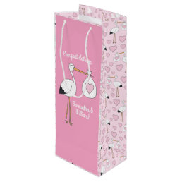 Stork Baby Shower Pink Girl Cute Cartoon Wine Gift Bag