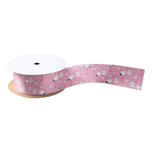 Stork Baby Shower Pink Girl Satin Ribbon (Spool)