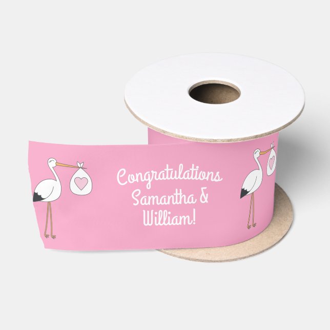 Stork Baby Shower Pink Girl Satin Ribbon (Spool)