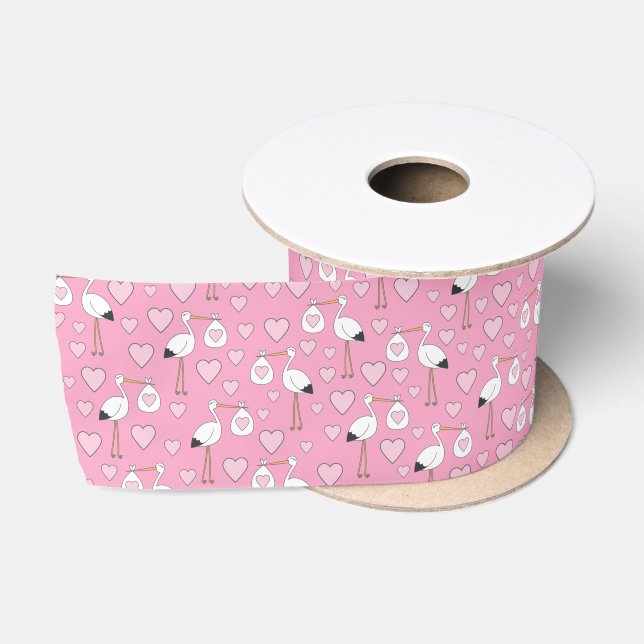 Stork Baby Shower Pink Girl Satin Ribbon (Spool)