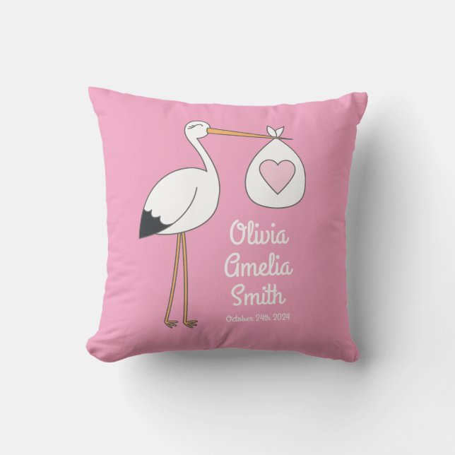 Stork Baby Shower Pink Girl Throw Pillow (Front)