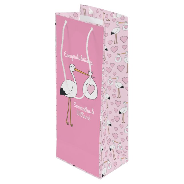 Stork Baby Shower Pink Girl Wine Gift Bag (Back Angled)