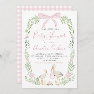 Stork Baby Shower Pink Preppy Southern Girl Invitation