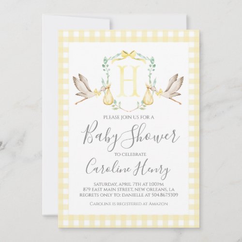 Stork Baby Shower Preppy Gingham Neutral Yellow Invitation