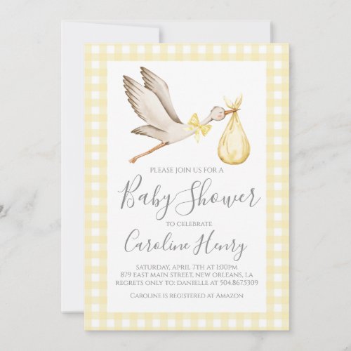 Stork Baby Shower Preppy Gingham Neutral Yellow Invitation