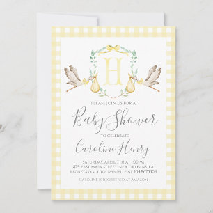 Stork Baby Shower Preppy Gingham Neutral Yellow Invitation