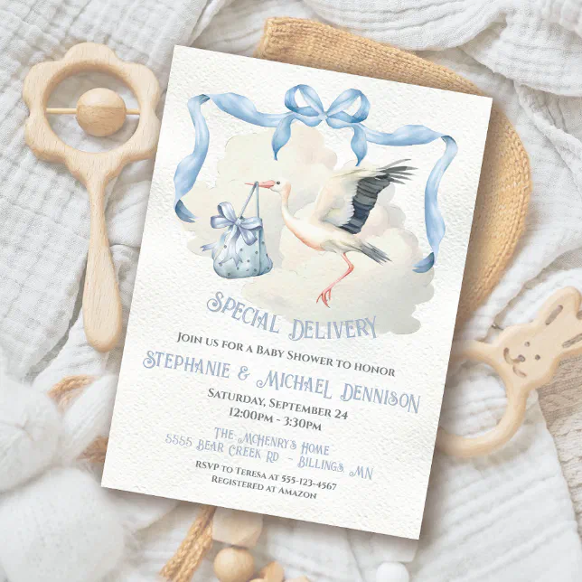 Stork Baby Shower Ribbon Bow Special Delivery Invitation | Zazzle