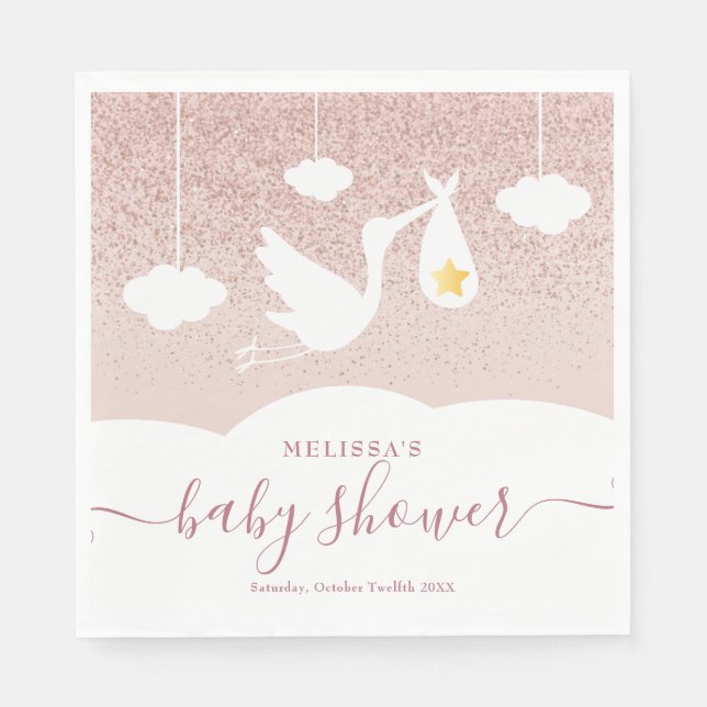 Stork Baby Shower Rose Gold Star Glitter  Napkins (Front)