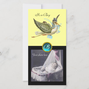 STORK BABY SHOWER SQUARE MONOGRAM ,aquamarine Announcement