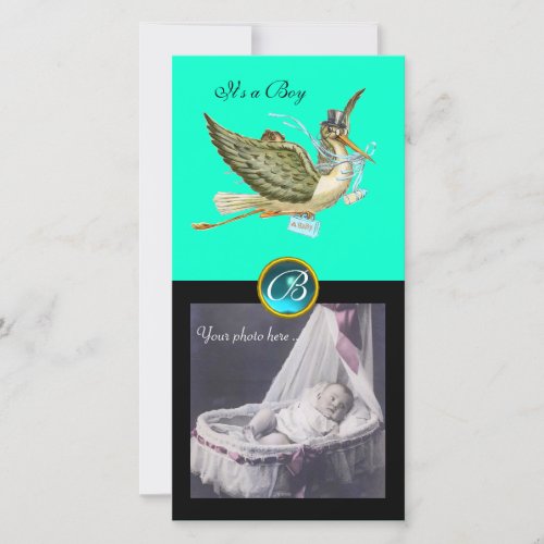 STORK BABY SHOWER SQUARE MONOGRAM aquamarine Announcement