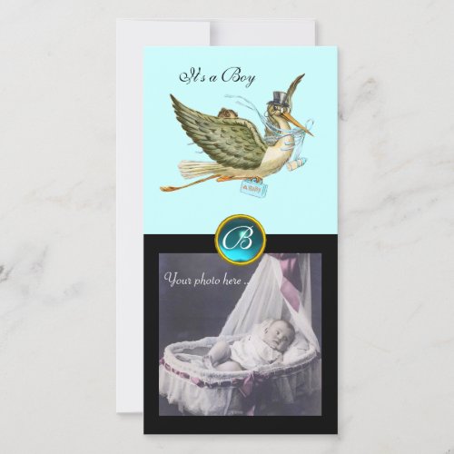 STORK BABY SHOWER SQUARE MONOGRAM aquamarine Announcement