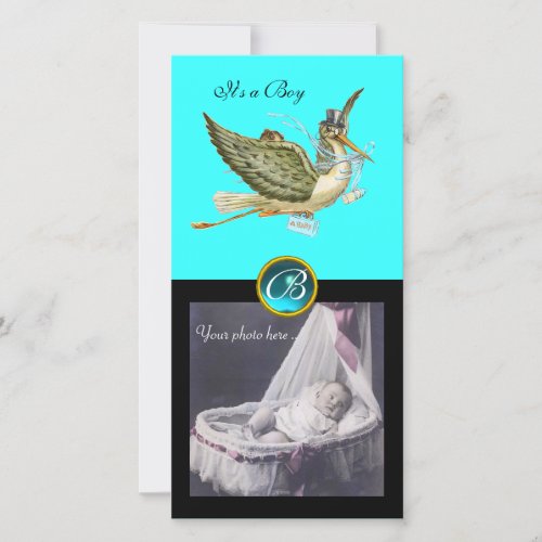 STORK BABY SHOWER SQUARE MONOGRAM aquamarine Announcement