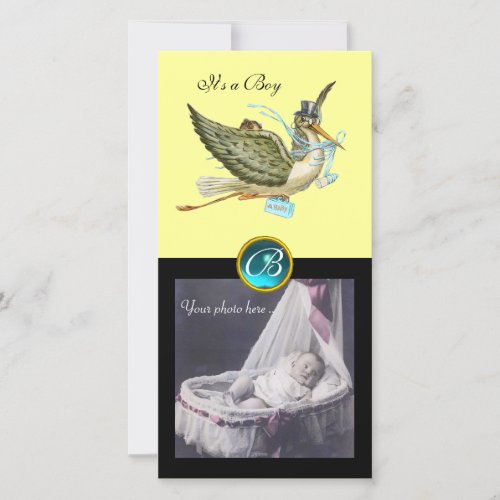 STORK BABY SHOWER SQUARE MONOGRAM aquamarine Announcement