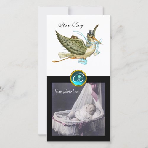 STORK BABY SHOWER SQUARE MONOGRAM aquamarine white Announcement