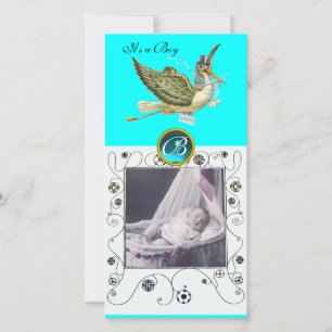 STORK BABY SHOWER SWIRLS MONOGRAM aquamarine Announcement