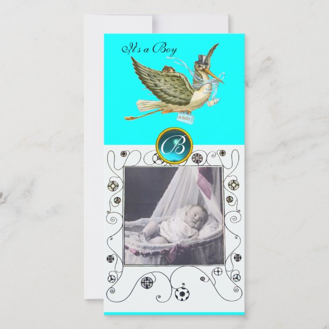 STORK BABY SHOWER SWIRLS MONOGRAM aquamarine Announcement (Front)