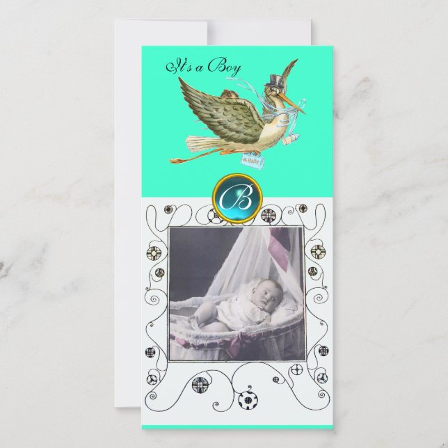 STORK BABY SHOWER SWIRLS MONOGRAM aquamarine Announcement (Front)