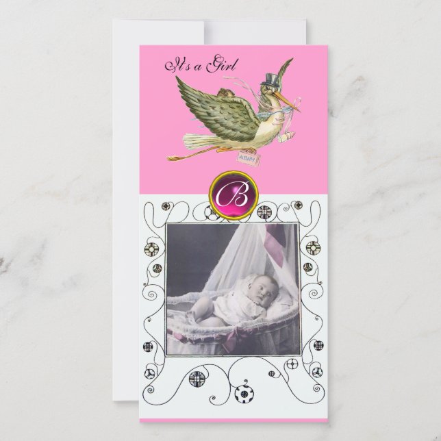 STORK BABY SHOWER SWIRLS MONOGRAM ,ruby white Announcement (Front)