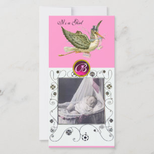 STORK BABY SHOWER SWIRLS MONOGRAM ,ruby white Announcement