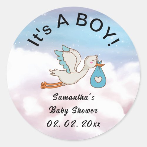 Stork Bird Its a Boy Baby Shower  Classic Round Sticker