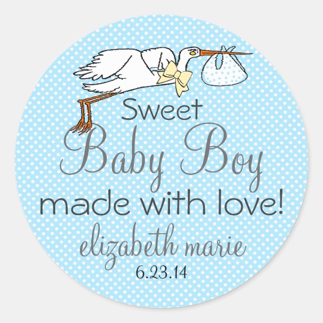 Stork Blue Baby Shower Favor Classic Round Sticker (Front)