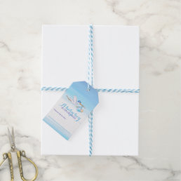 Stork blue boy baby shower display gifts tags