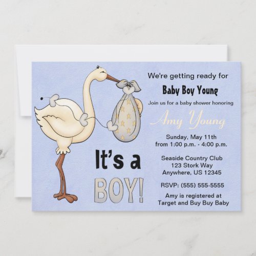 Stork Blue Boy Baby Shower Invitation