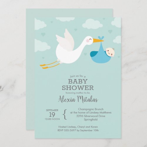 Stork Blue Boy Baby Shower Invitations