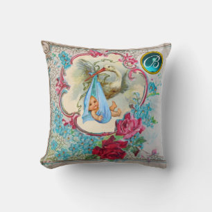 STORK BLUE BOY BABY SHOWER ROSES FLORAL MONOGRAM THROW PILLOW