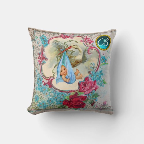 STORK BLUE BOY BABY SHOWER ROSES FLORAL MONOGRAM THROW PILLOW