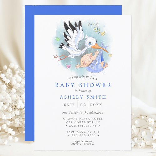 Stork Blue Watercolor Bird Modern Boy Baby Shower Invitation