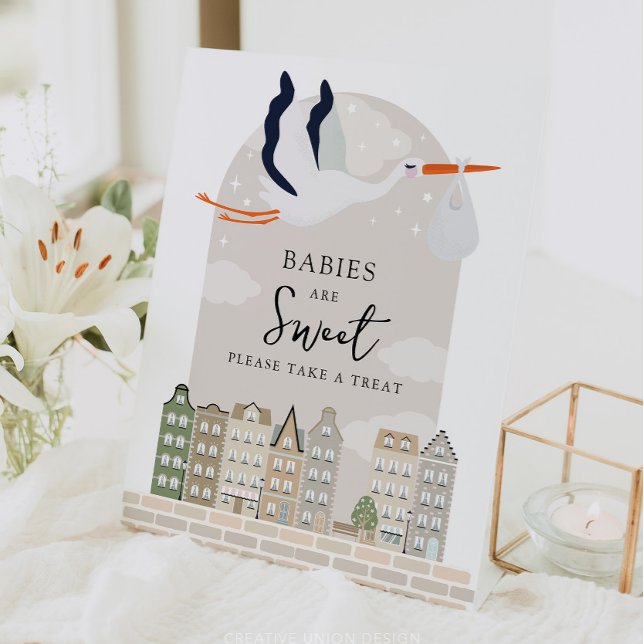 Stork Boho Baby Shower Babies Are Sweet Favors Pedestal Sign (Boho Baby Shower Stork)