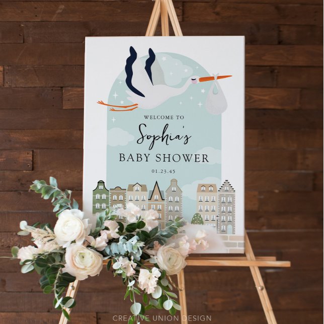 Stork Boho Baby Shower Welcome Sign (Boho Baby Shower Stork)