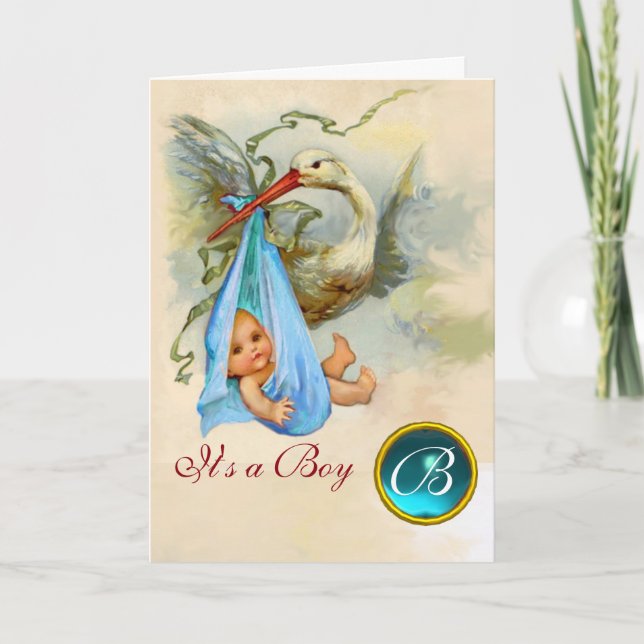STORK BOY BABY SHOWER BLUE GEM MONOGRAM ANNOUNCEMENT (Front)