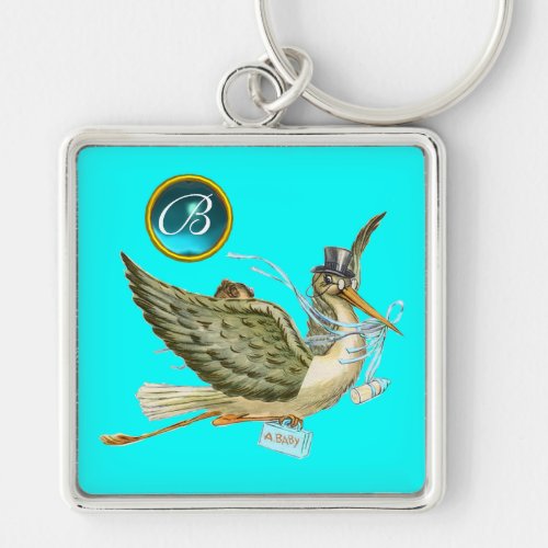 STORK BOY BABY SHOWER BLUE GEM MONOGRAM Turquoise Keychain