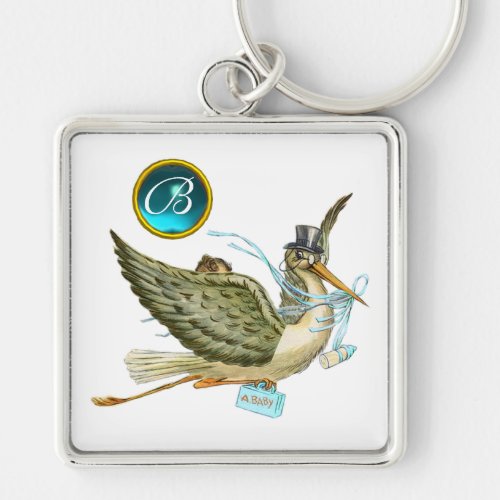 STORK BOY BABY SHOWER BLUE GEM MONOGRAM White Keychain