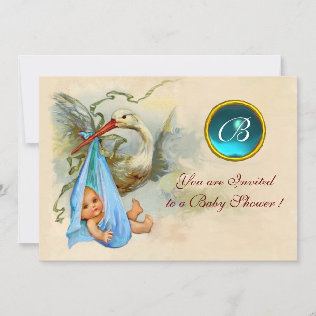 STORK BOY BABY SHOWER BLUE GEMSTONE MONOGRAM INVITATION (Front)
