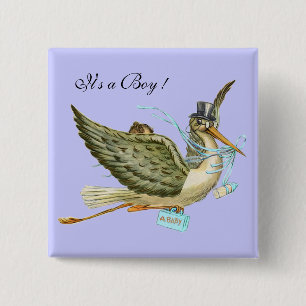 STORK BOY BABY SHOWER Blue Pinback Button