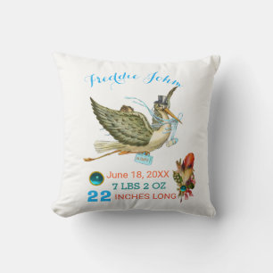 STORK BOY BABY SHOWER Blue White Baby Stats Throw Pillow