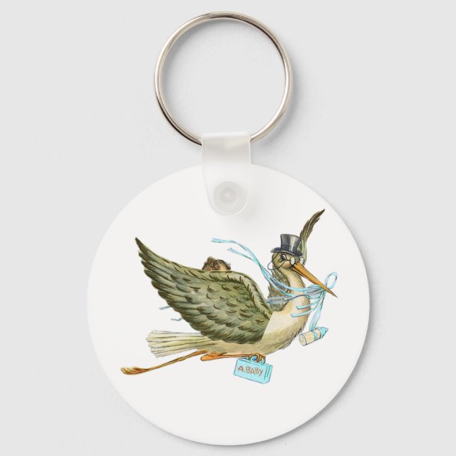 STORK BOY BABY SHOWER Blue White Keychain (Front)