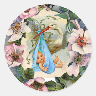 STORK BOY BABY SHOWER CROWN WITH PINK WILD ROSES CLASSIC ROUND STICKER