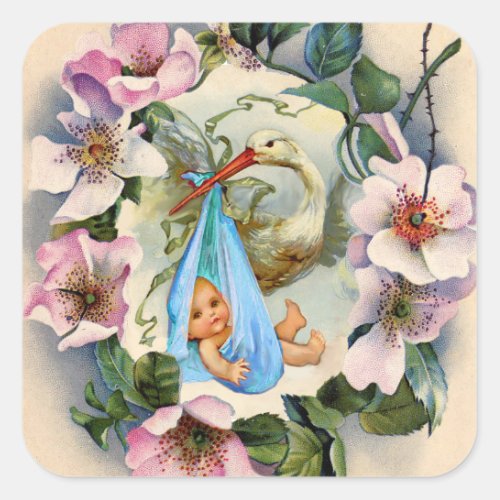 STORK BOY BABY SHOWER CROWN WITH PINK WILD ROSES SQUARE STICKER