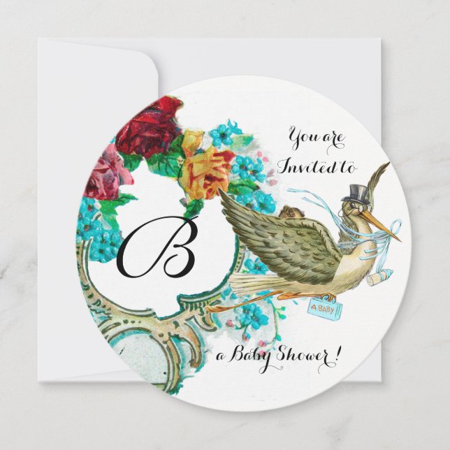 STORK BOY BABY SHOWER FLORAL MONOGRAM WITH ROSES INVITATION (Front)