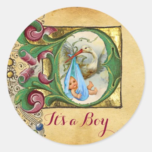 STORK BOY BABY SHOWER FLORAL PARCHMENT MONOGRAM CLASSIC ROUND STICKER