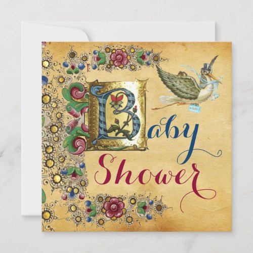 STORK BOY BABY SHOWER FLORAL PARCHMENT MONOGRAM INVITATION